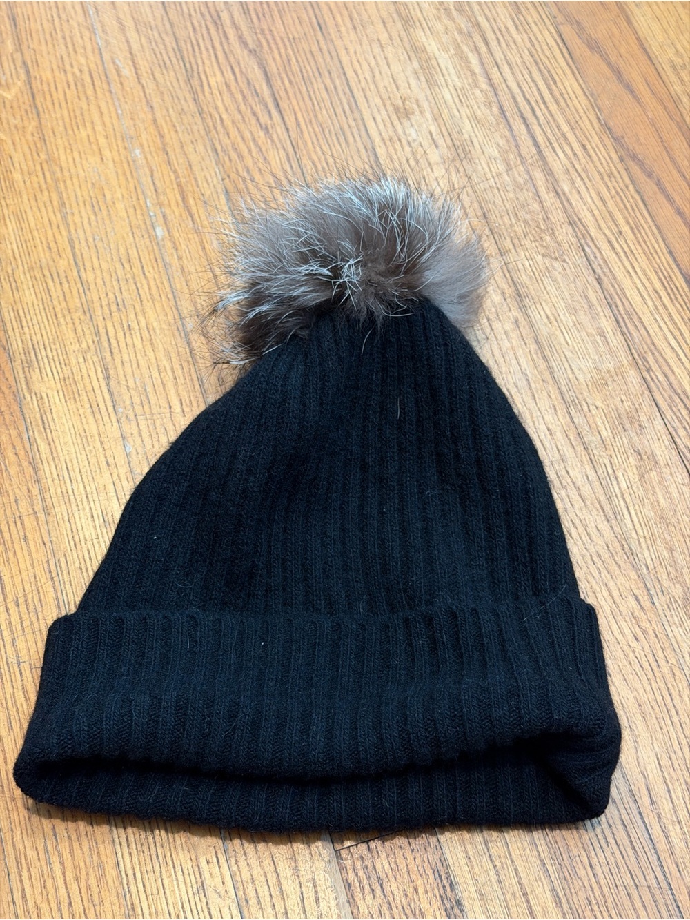 Portolano 100% Cashmere Black Pom Beanie Hat with Silver Fox Fur Pom